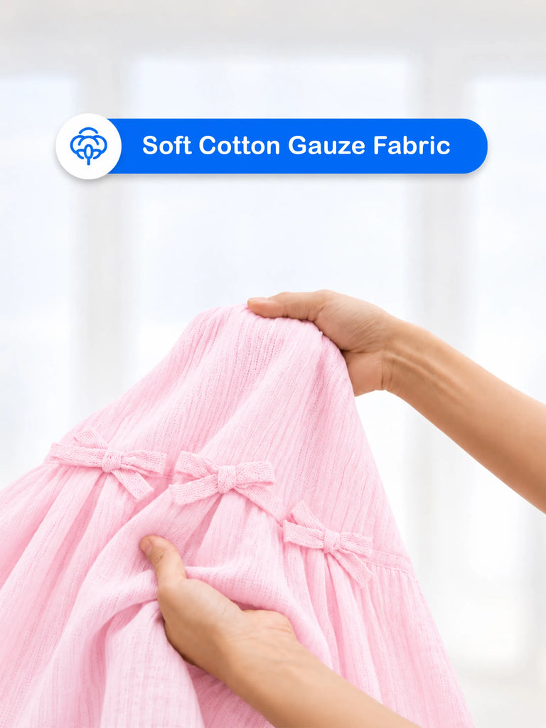 Girls Cotton Dress – Light Pink Sleeveless A-Line Dress with Bow Details