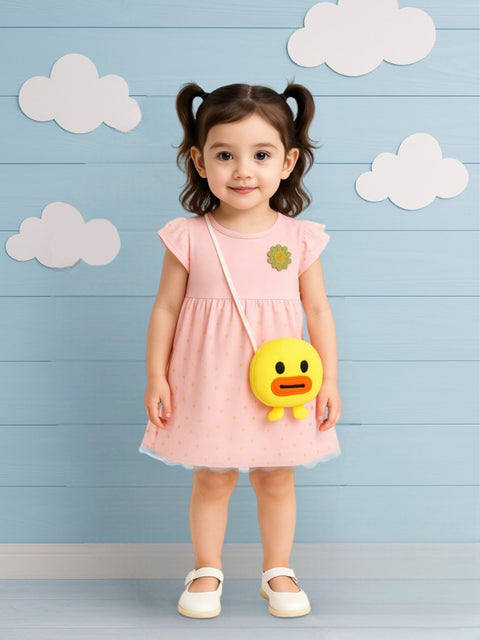 Kidbea Baby Girl Party Dress with Duck Bag | Stylish Frock with Golden Star Print, Puff Sleeves | Birthday Dress for Toddlers & Infants Pink