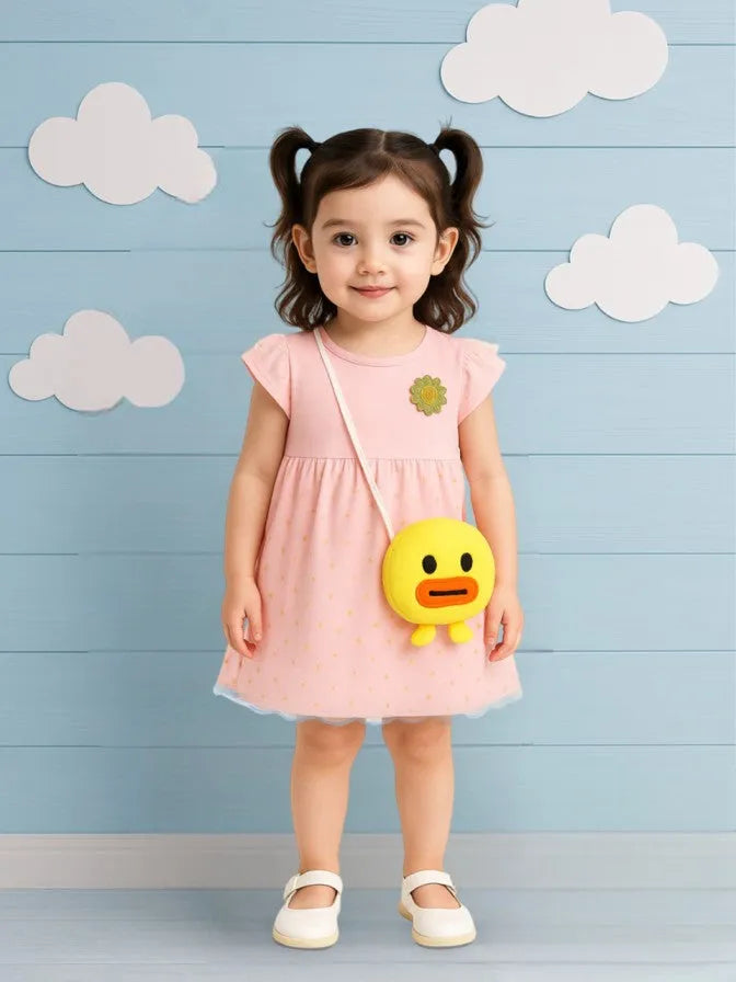 Kidbea Baby Girl Party Dress with Duck Bag | Stylish Frock with Golden Star Print, Puff Sleeves | Birthday Dress for Toddlers & Infants Pink