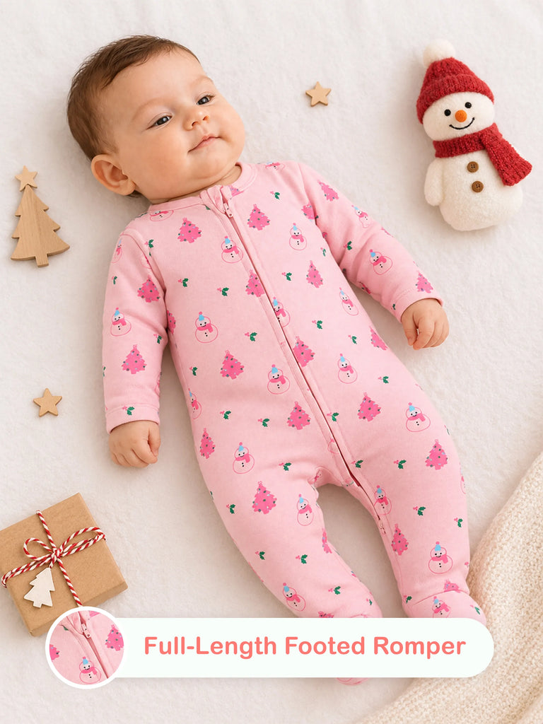 Cotton Baby Girls Footed Romper – Pink Christmas Print Full-Sleeve Romper