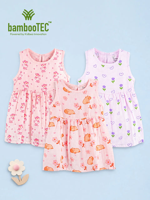 BambooTEC™ Bamboo Muslin Baby Girls Frock Pack of 3 – Santa Bear, Puppy Floral & Tulip Heart Prints