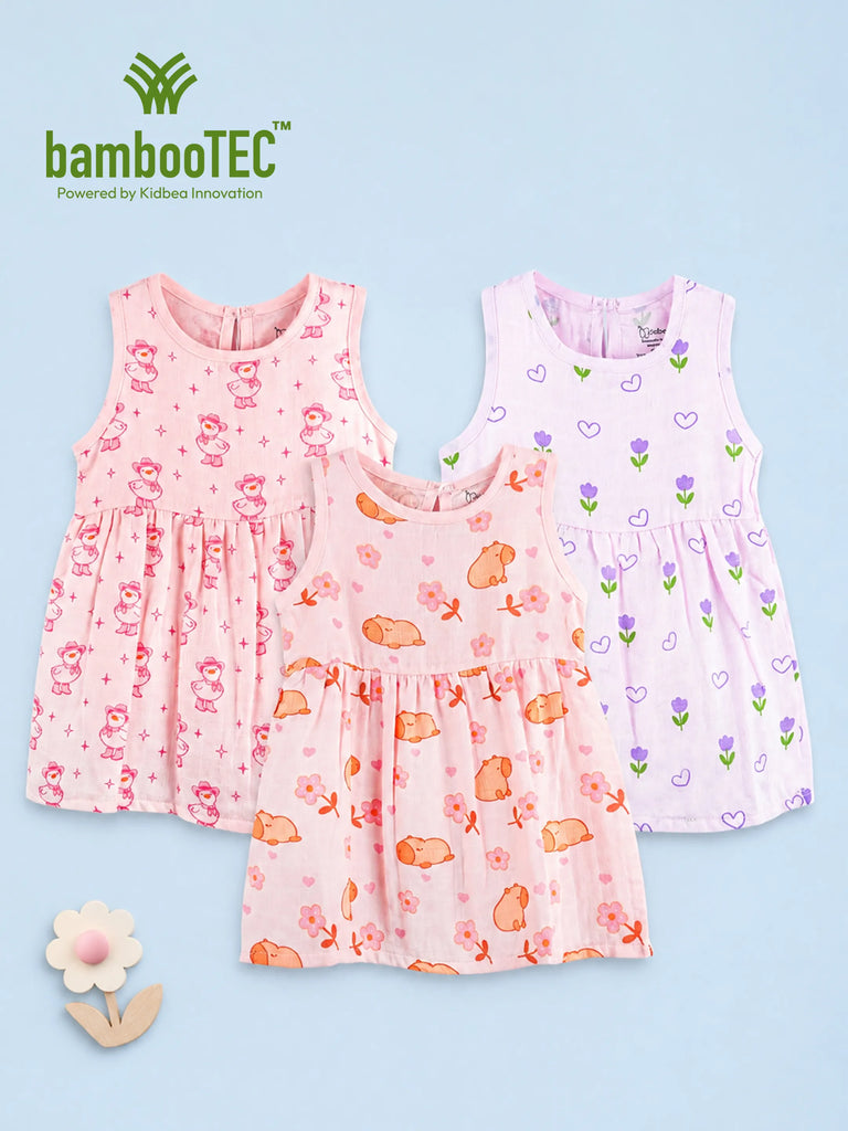 BambooTEC™ Bamboo Muslin Baby Girls Frock Pack of 3 – Santa Bear, Puppy Floral & Tulip Heart Prints