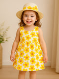 Kidbea Baby Girls Floral Cotton Dress with Yellow Bloom Print & Matching Hat – Cheerful Summer Party Wear Frock
