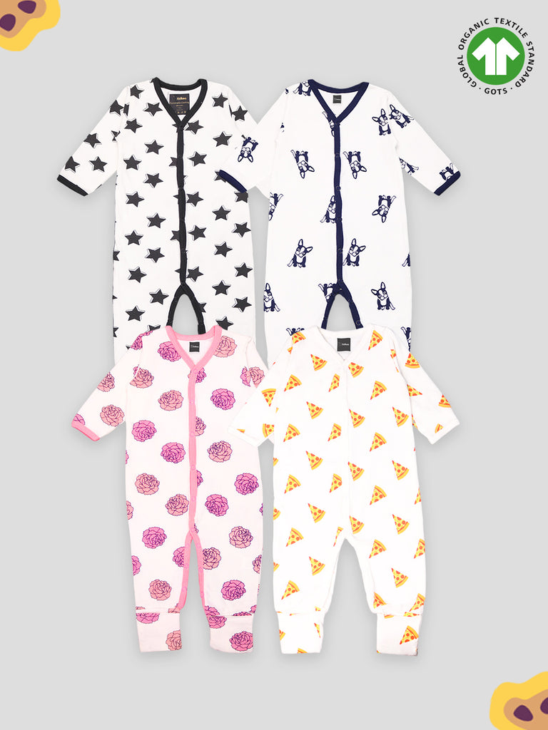 Kidbea 100% Organic cotton Pack of 4 full Buttons romper | Flower | Star | Pizza | Dog