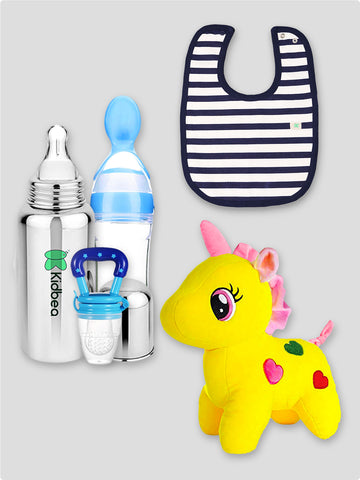 Kidbea Unicorn Yellow Soft Toy, Blue Strip Bib, Stainless Steel Infant Baby Feeding Bottle, Silicone Food Feeder & Silicone Fruit Nibbler Soft Pacifier/Feeder, Teether for Baby