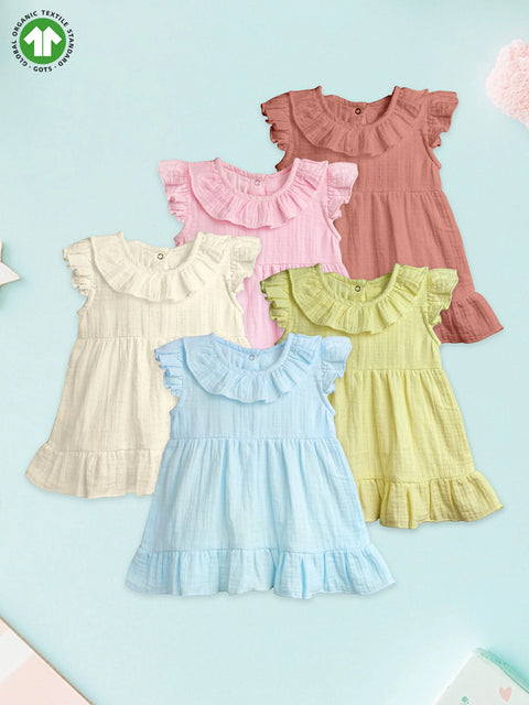 Light Organic Cotton Girls Frock Set | Pack of 5 (Rust, Pink, Off White, Sky Blue & Green)