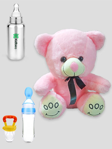 Kidbea Teddy Pink Soft Toy, Stainless Steel Infant Baby Feeding Bottle, Silicone Food Feeder & Silicone Fruit Nibbler Soft Pacifier/Feeder, Teether for Baby
