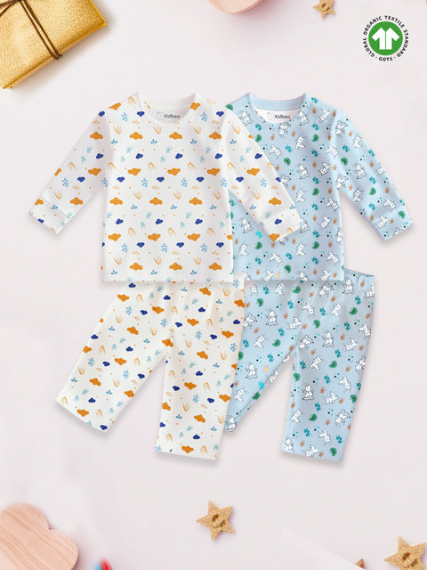 100% Organic Bamboo Co-Ord Set Combo – Pack of 2 | Soft, Breathable & Stylish Nightwear for Kids (Blue & Off-White Print)