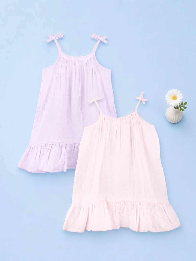 Organic Cotton Girls Frock Pack of 2 – Lavender & Light Pink Tie-Up Ruffle Frocks