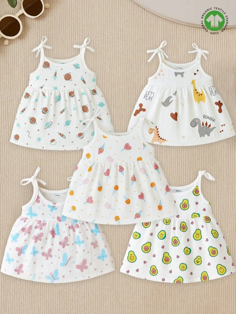 Extra Soft Muslin Baby Girls Frock Pack of 5 – Space, Dinosaur, Ice Cream, Butterfly & Avocado Prints