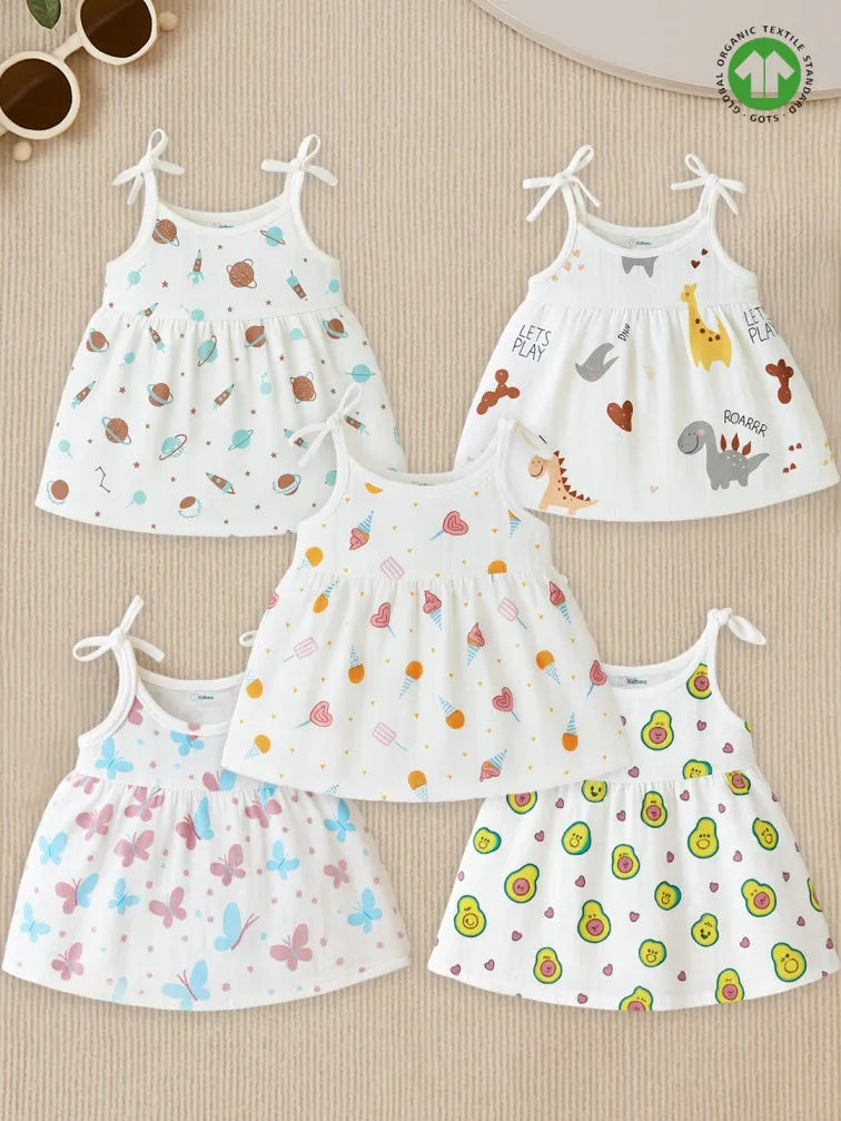 Extra Soft Muslin Baby Girls Frock Pack of 5 – Space, Dinosaur, Ice Cream, Butterfly & Avocado Prints