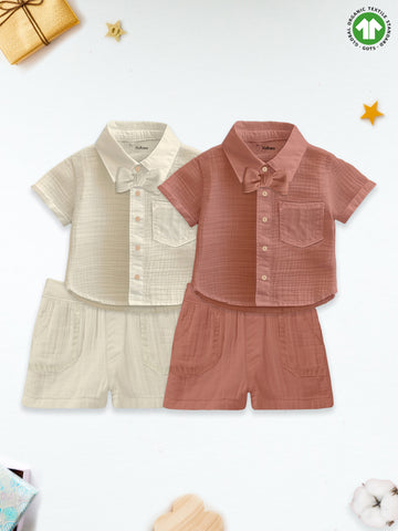 Light Linen Co-Ord Set Combo – Pack of 2 | Stylish & Comfortable Wear for Kids (Off-White & Rust)