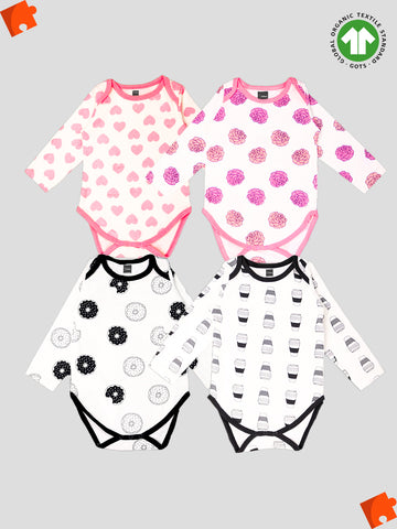 Kidbea 100% Organic cotton baby Pack of 4 onesies Unisex | Heart, Flower, Donut & Cup