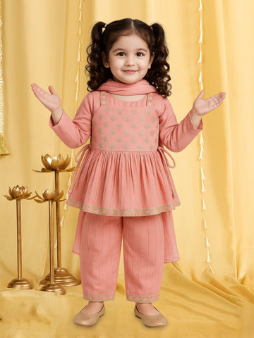 Kidbea Girls Ethnic Wear Set | Embroidered Kurta with Pant & Dupatta | Pink