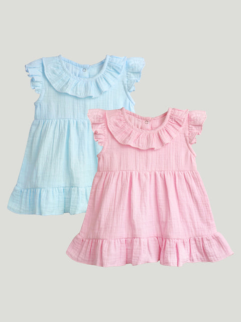 Light Linen Charming Pink & Sky Blue Girls Frock Combo | Stylish Pink & Blue Dresses for Girls