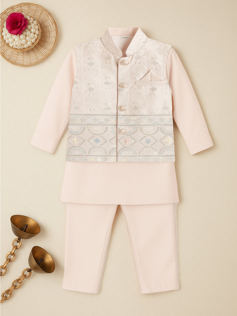 Kidbea Boys Ethnic Wear Set | Kurta Pajama with Stylish Nehru Jacket | Festive Traditional Outfit for Kids | Peach