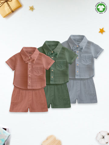 Light Linen Co-Ord Set Pack of 3 | Stylish & Comfortable Wear for Kids (Green, Rust & Grey)