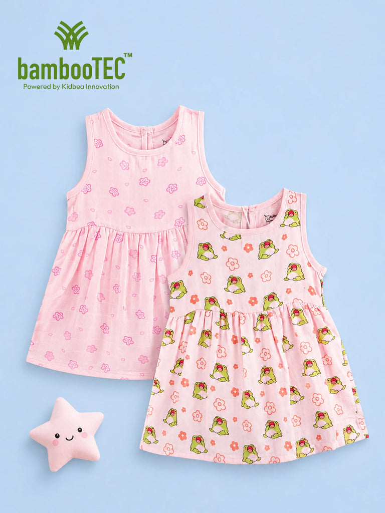 BambooTEC™ Bamboo Muslin Girls Frock – Floral & Frog Print | Pack of 2