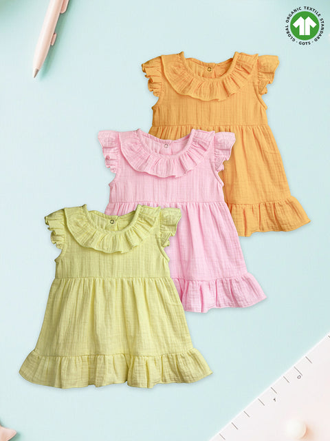 Light Linen Girls Dress Set | Pack of 3 (Green, Pink & Mustard Yellow)