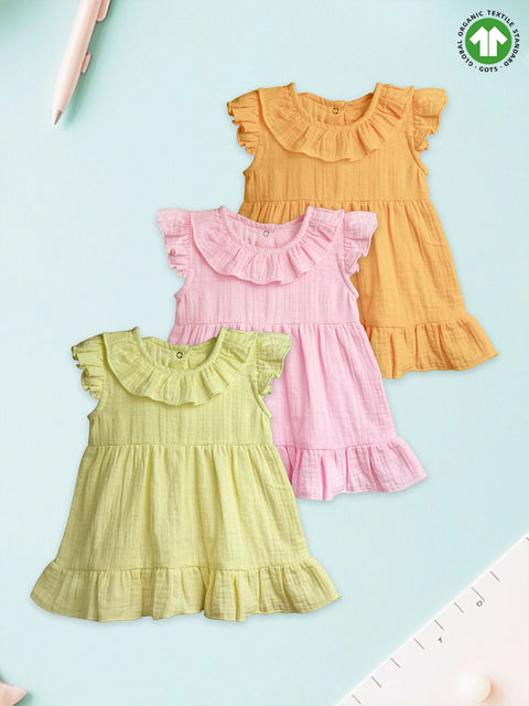 Light Organic Cotton Girls Frock Set | Pack of 3 (Green, Pink & Mustard Yellow)