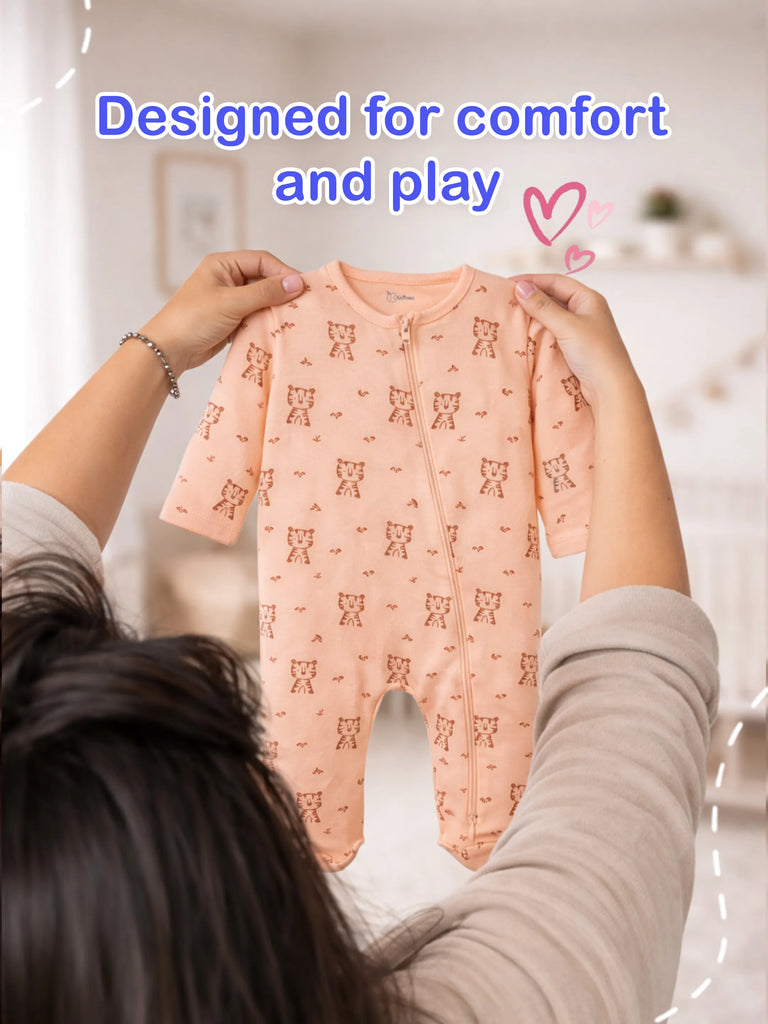 Organic Cotton Baby Romper Pack of 2 – Tiger & Lemon Print Full Sleeve Zip Sleepsuit