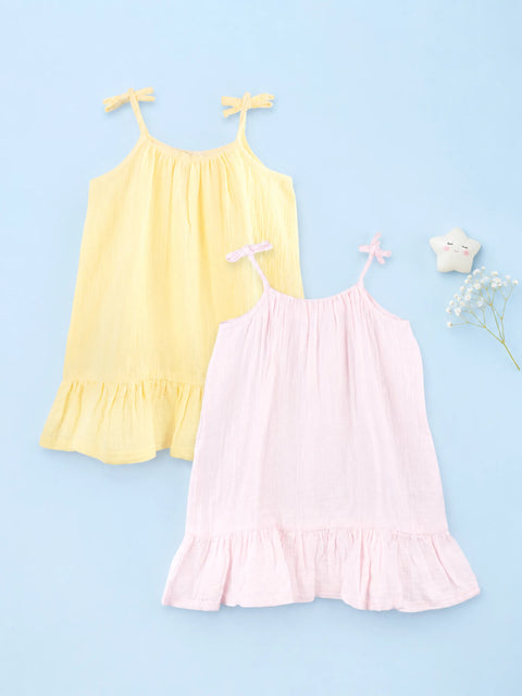 Organic Cotton Girls Frock Pack of 2 – Yellow & Pink Ruffle Frocks