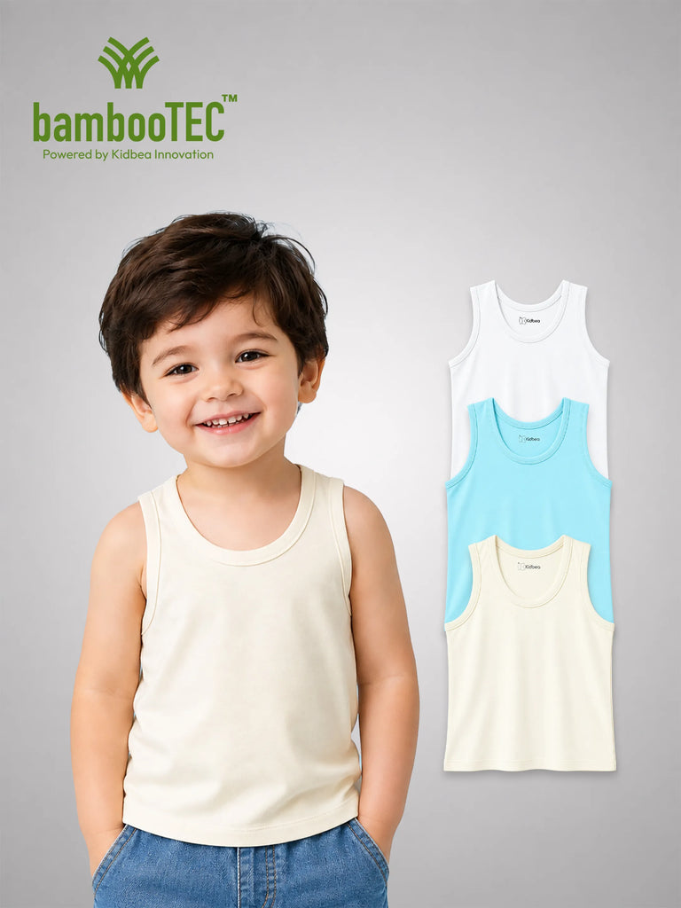 BambooTEC™ Bamboo Kids Vest Pack of 3 – White, Blue & Cream Sleeveless Vests