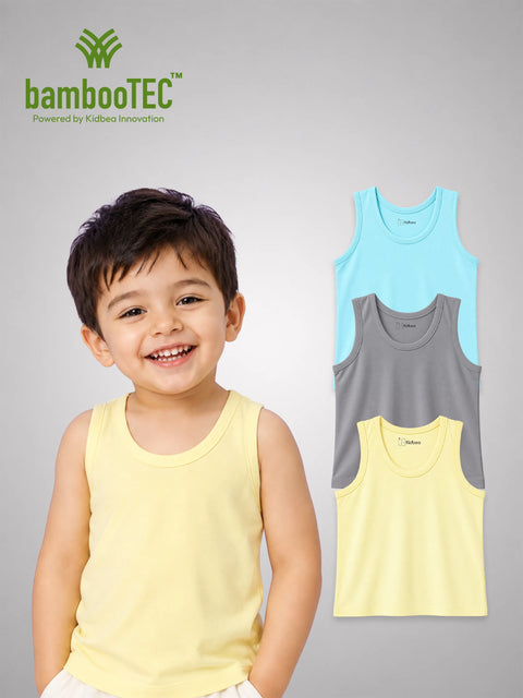 BambooTEC™ Bamboo Kids Vest Pack of 3 – Blue, Grey & Yellow Sleeveless Vests
