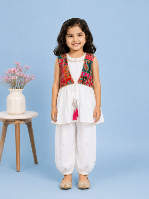 Girls White Ethnic Kurta & Dhoti Set – Multicolor Printed Jacket Festive Wear
