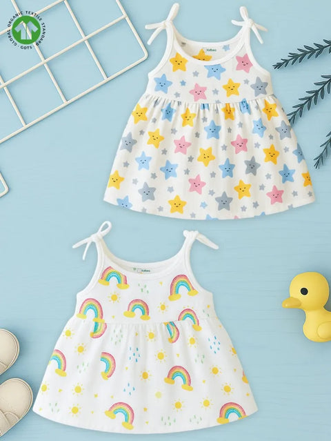 Extra Soft Muslin Baby Girls Frock Pack of 2 – Star & Rainbow Prints