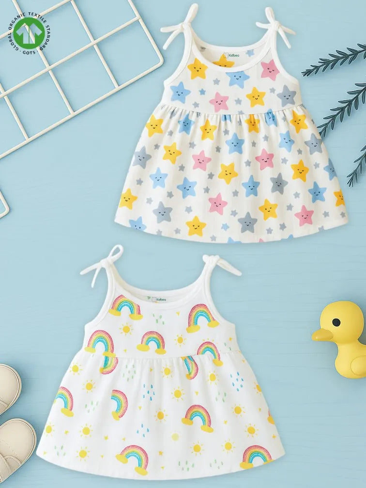 Extra Soft Muslin Baby Girls Frock Pack of 2 – Star & Rainbow Prints
