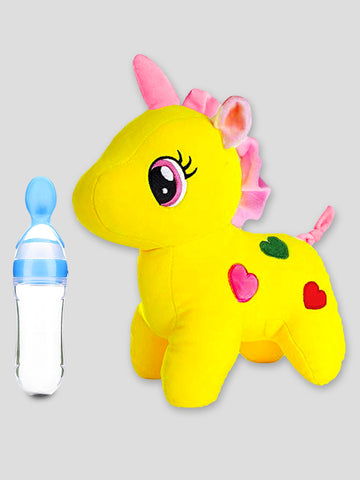 Kidbea Unicorn Yellow Soft Toy & Silicone Food Nibbler Soft Pacifier/Feeder, Teether for Baby