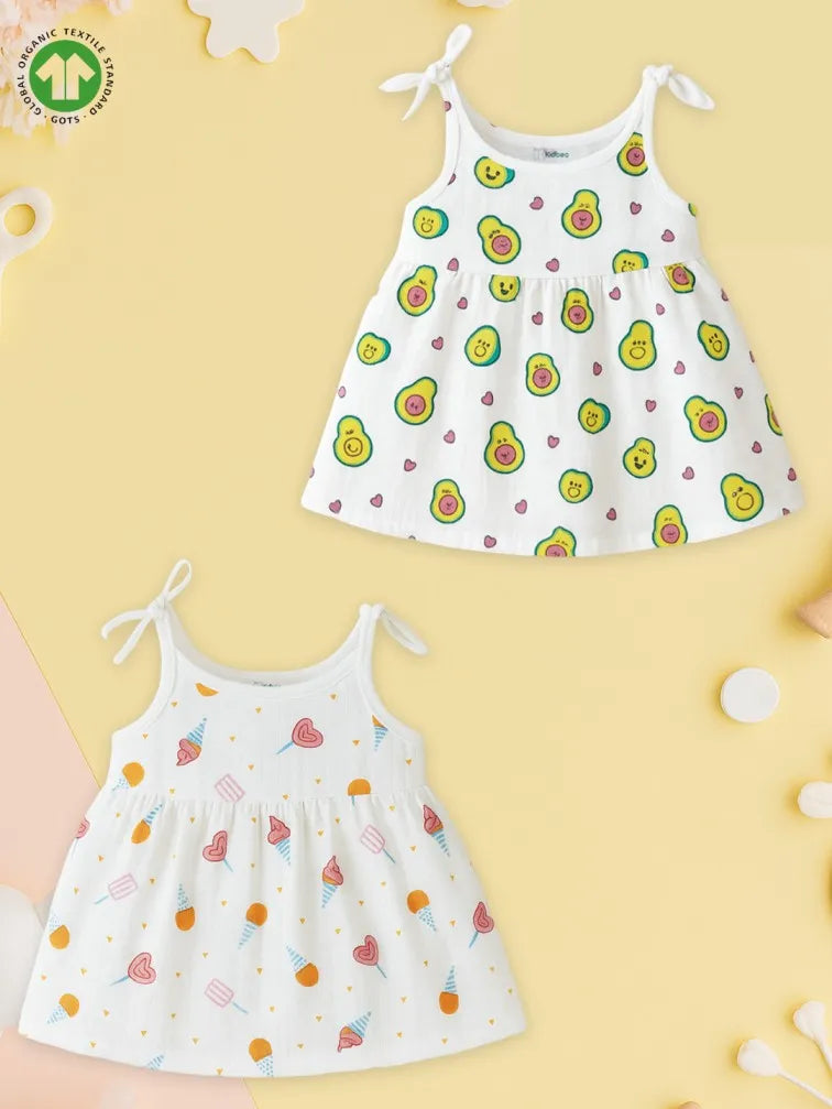 Extra Soft Muslin Baby Girls Frock Pack of 2 – Avocado & Ice Cream Prints