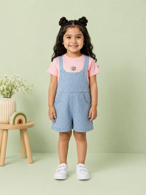 Girls Cotton Denim Dungaree Shorts with Pink T-Shirt Co-ord Set - Light Blue