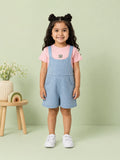 Girls Cotton Denim Dungaree Shorts with Pink T-Shirt Co-ord Set - Light Blue