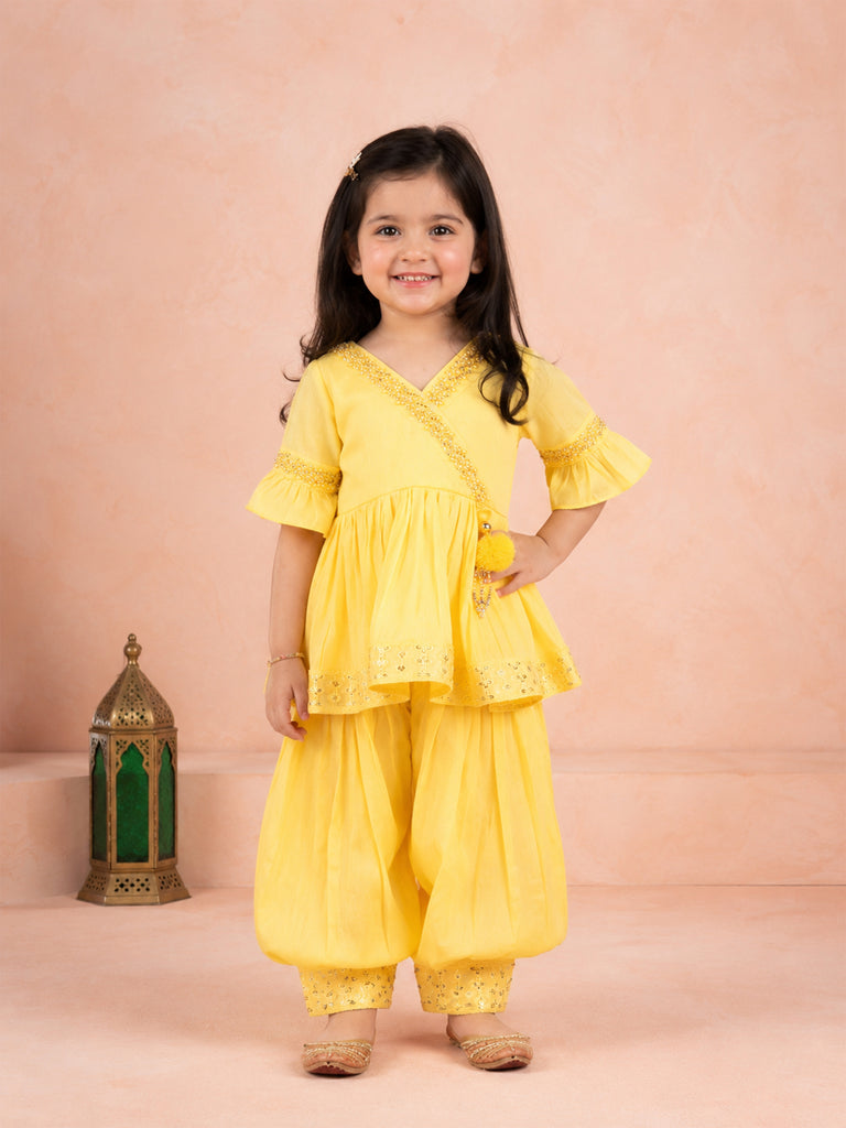 Girls Yellow Ethnic Kurta & Dhoti Set – Embroidered Festive Wear