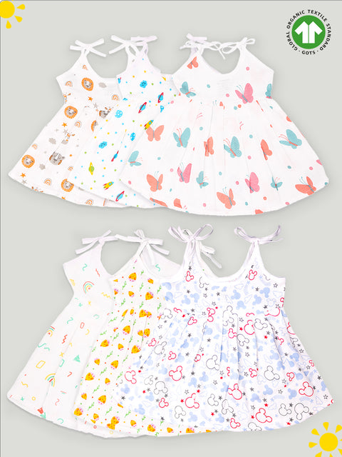 Extra Soft Muslin  Fabric Baby Girls Frock | Pack of 6 | Mickey, Tiger, Space, Rainbow, Butterfly and Cute Chick Print