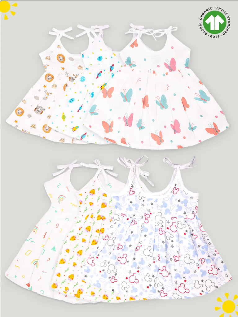 Extra Soft Muslin  Fabric Baby Girls Frock | Pack of 6 | Mickey, Tiger, Space, Rainbow, Butterfly and Cute Chick Print