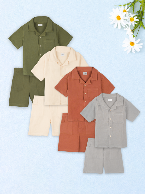 Light Organic Cotton Co-Ord Set Pack of 4 | Stylish & Comfortable Wear for Kids (Green, Rust & Off-White, Grey)