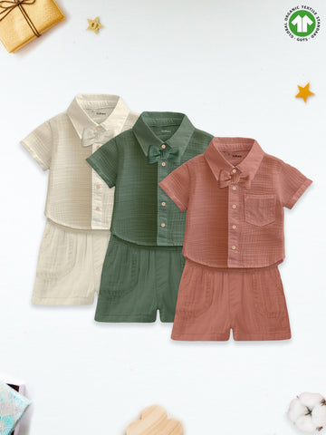 Light Linen Co-Ord Set Pack of 3 | Stylish & Comfortable Wear for Kids (Green, Rust & Off-White)