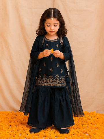 Kidbea Girls Indian Ethnic Suit Set | Kurti, Sharara Pants & Dupatta | Navy Blue