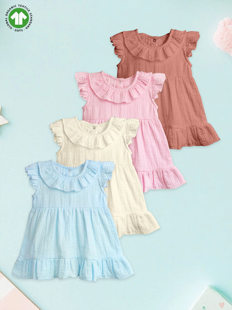 Light Organic Cotton Girls Frock Set | Pack of 4 (Rust, Pink, Off White & Sky Blue)