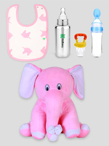 Kidbea Elephant Pink Soft Toy, Unicorn Bib, Stainless Steel Infant Baby Feeding Bottle, Silicone Food Feeder & Silicone Fruit Nibbler Soft Pacifier/Feeder, Teether for Baby