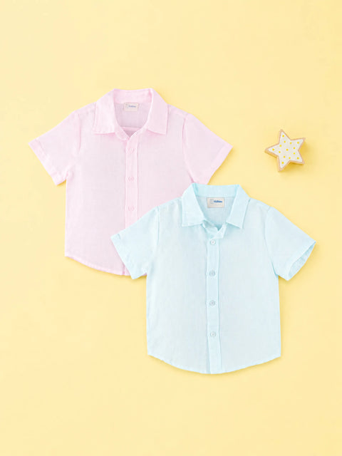Linen Cotton Girls Shirt Pack of 2 – Pink & Light Blue Half-Sleeve Shirts