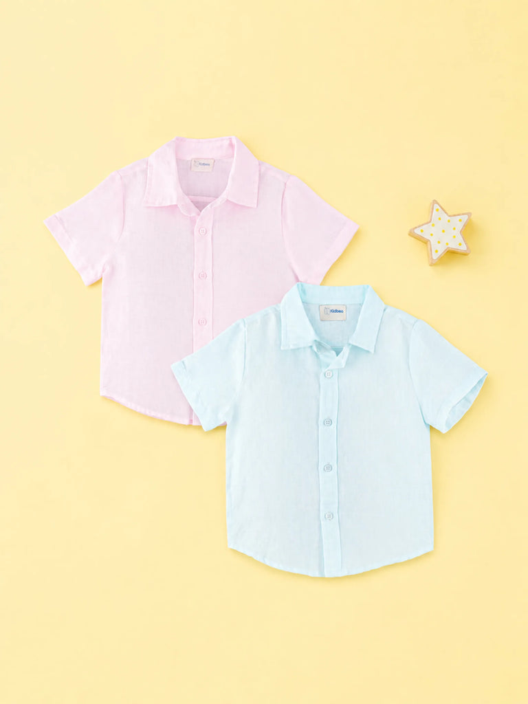 Linen Cotton Girls Shirt Pack of 2 – Pink & Light Blue Half-Sleeve Shirts