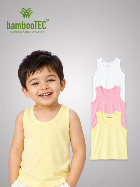 BambooTEC™ Bamboo Kids Vest Pack of 3 – White, Pink & Yellow Sleeveless Vests