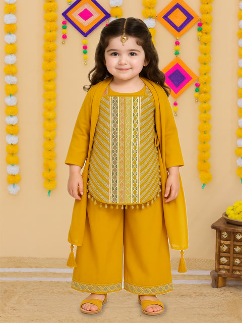 Girls Ethnic Wear Set | Embroidered Kurta with Palazzo & Dupatta | Yellow