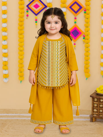 Kidbea Girls Ethnic Wear Set | Embroidered Kurta with Sharara & Dupatta | Yellow