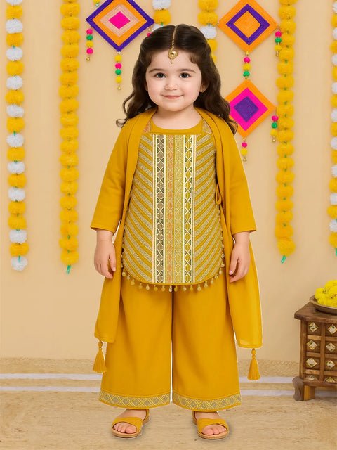 Girls Ethnic Wear Set | Embroidered Kurta with Palazzo & Dupatta | Yellow