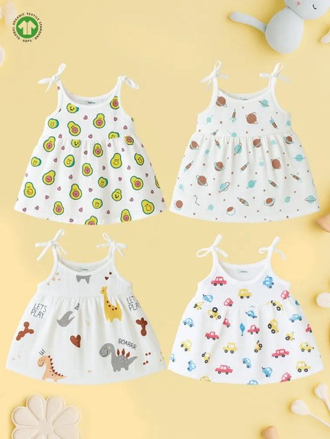Extra Soft Muslin Baby Girls Frock Pack of 4 – Avocado, Space, Dinosaur & Vehicle Prints
